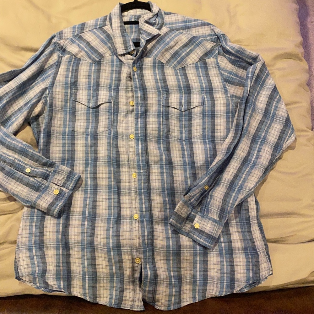 LUCKY BRAND Irish Linen Large Long Sleeve Lightweight Blue / White Plaid Shirt